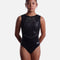 The Zone Evolution Z825EVO black sleeveless gymnastics leotard with radiating crystals, a shallow V motif at the waist and a glossy finish.