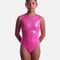 The Zone Evolution Z825EVO cerise sleeveless gymnastics leotard with a rounded neckline, glossy finish and crystal decoration across the front.