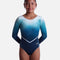 The Zone Zodiac Z826ZOD long sleeve blue ombré velour gymnastics leotard with a V-shaped front crystal motif, white waist line and decorated cuffs.