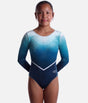 The Zone Zodiac Z826ZOD long sleeve blue ombré velour gymnastics leotard with a V-shaped front crystal motif, white waist line and decorated cuffs.