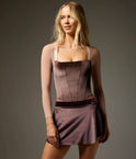 Bodile Zara velvet ballet skirt in mink brown, shown from the front with a short curved hem.