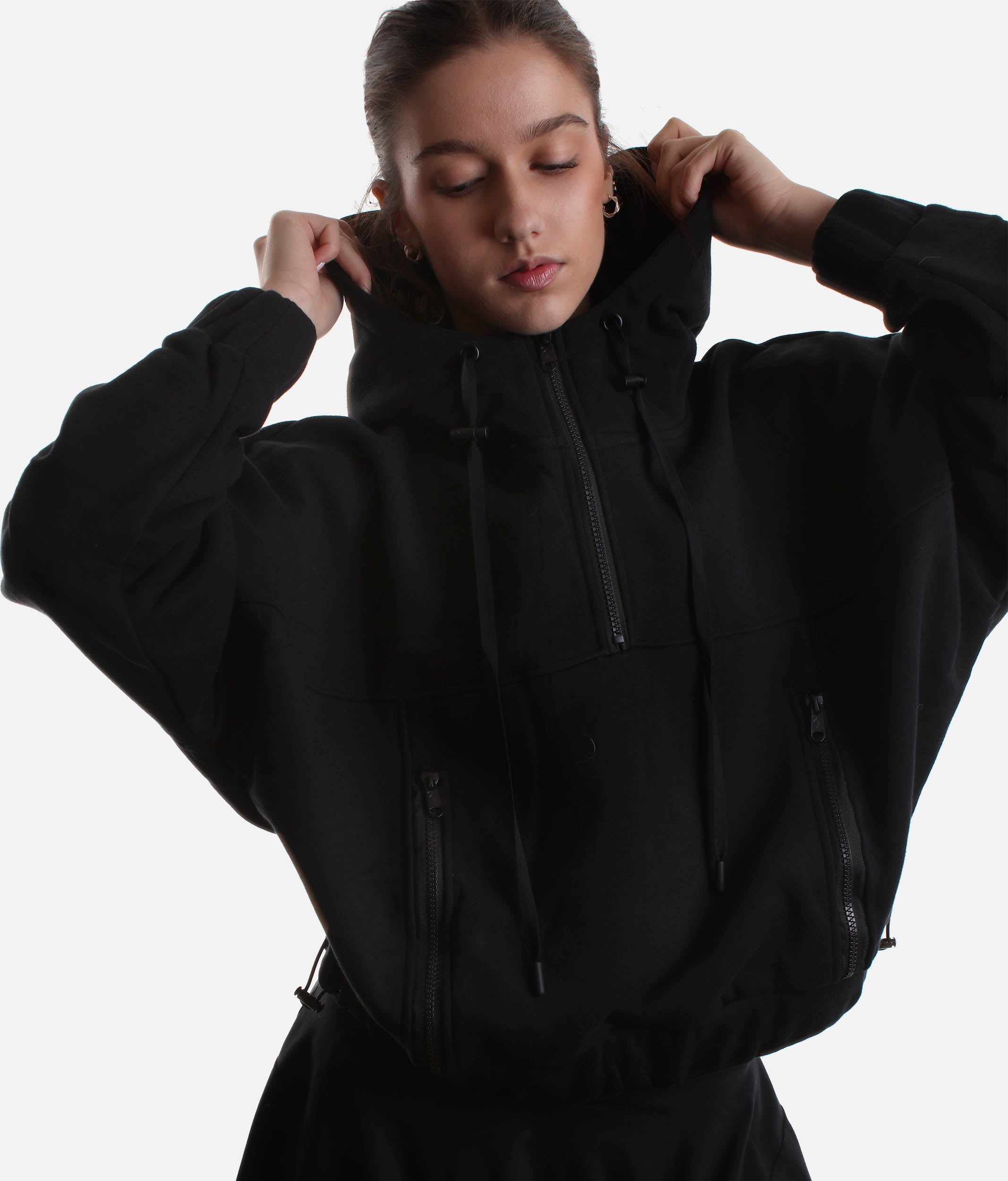 Oversized Half Zip Hoodie in Black – Cozy Hood & Customizable Hem